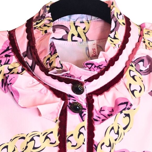 LA'ROS COLLECTIONS RUFFLED PINK & BURGUNDY RUCHED SLEEVE BLOUSE - SIZE S - Picture 6 of 8